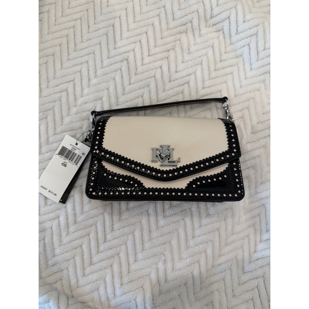 NWT Lauren Ralph Lauren White Black Perforated Leather Crossbody Bag